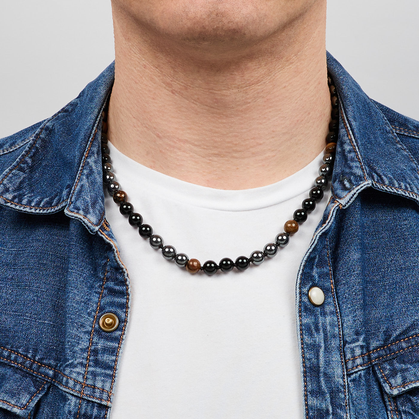 Natural Tigers Eye And Onyx Beaded Necklace for men