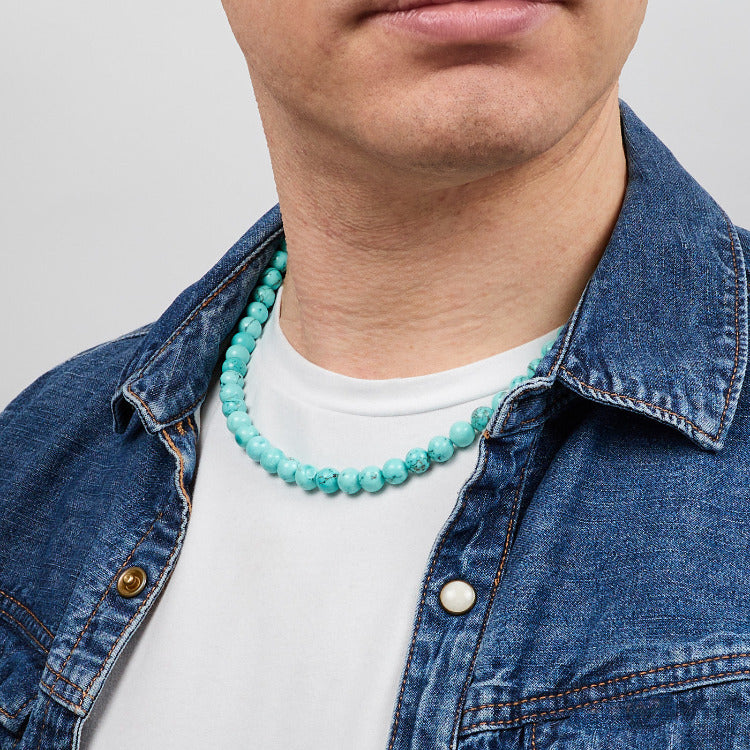 Blue Turquoise Beaded Gemstone Necklace for Men