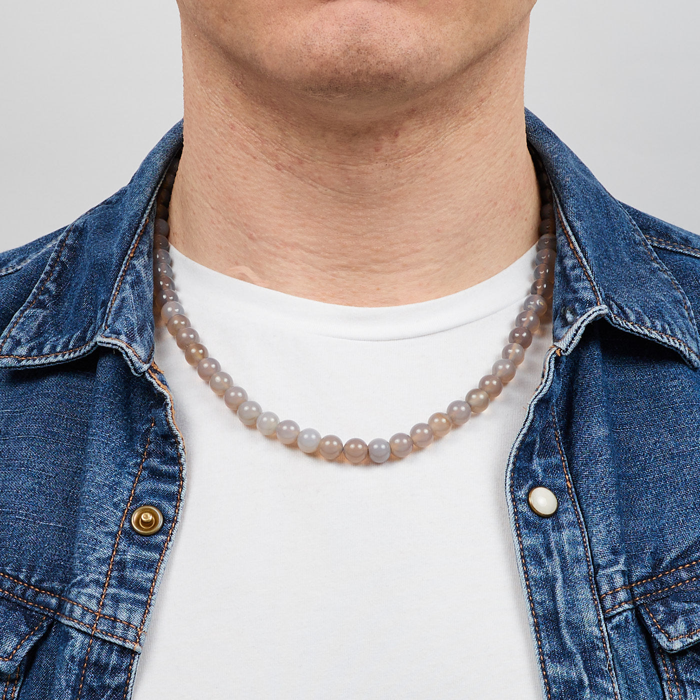 Grey Agate Gemstone Beaded Necklace for men