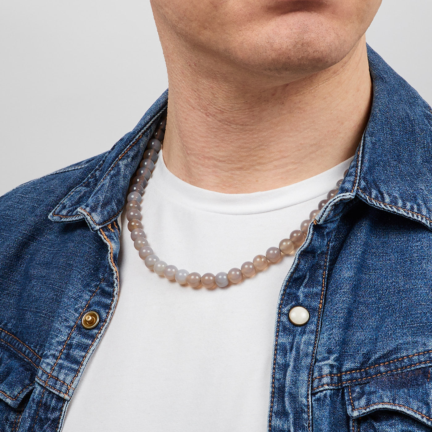 handmade Gemstone Grey Agate beaded necklace for men