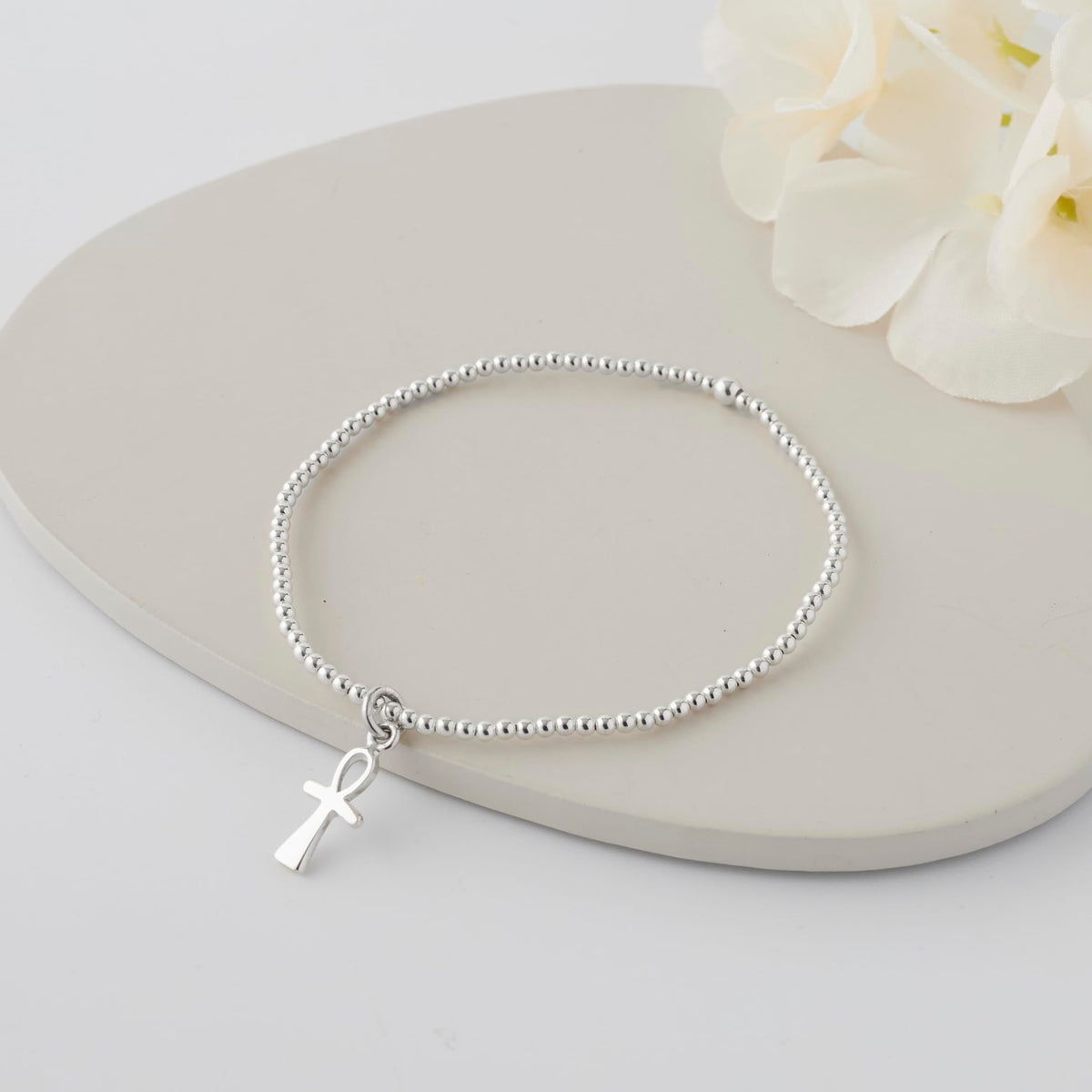 Women’s 925 Sterling Silver Ankh Charm Bracelet – 2mm Beads