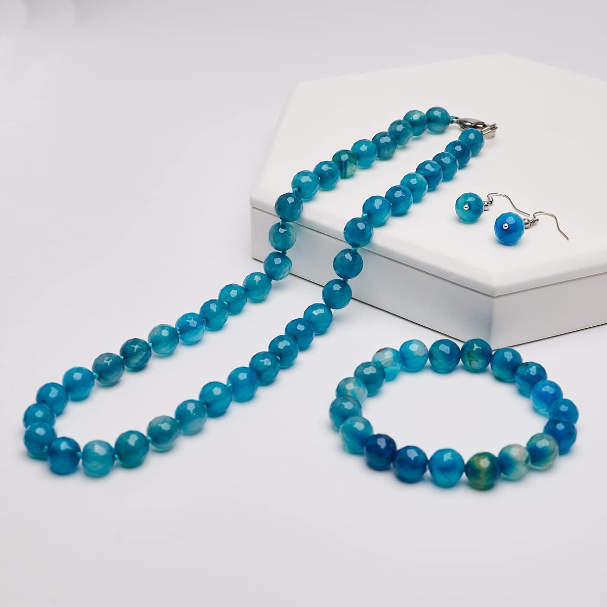 Beautiful 10mm Natural Blue Agate Gemstone Beaded Necklace Bracelet and Earrings Set