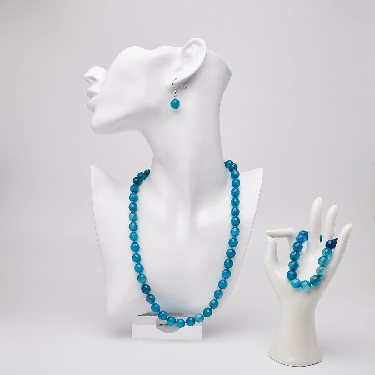 Beautiful 10mm Natural Blue Agate Gemstone Beaded Necklace Bracelet and Earrings Set