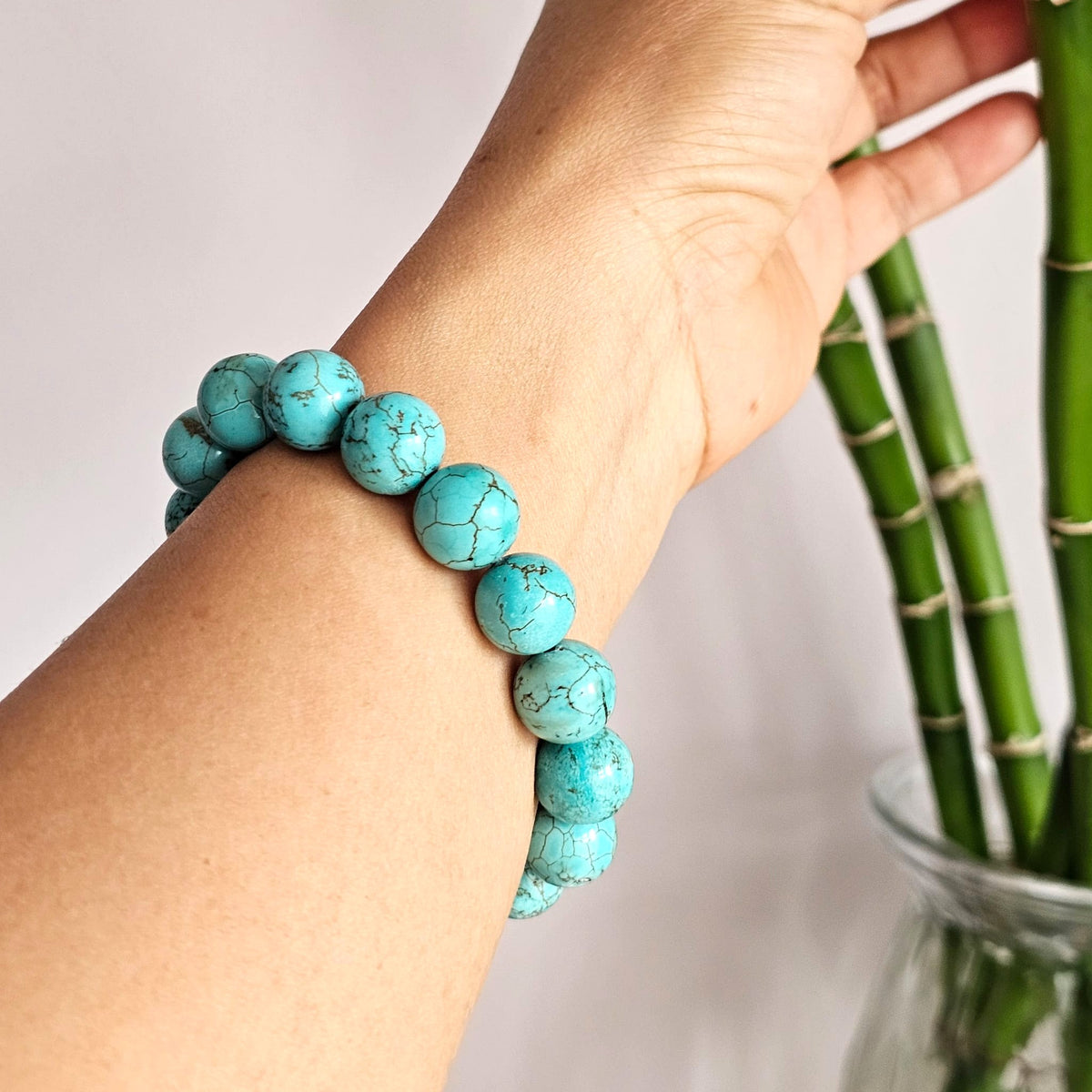 12mm Natural Blue Turquoise Gemstone Bracelet - 20cm - Stretchy Style