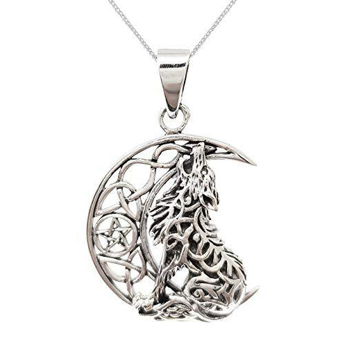 Sterling Silver Celtic Moon Wolf Pendant for women