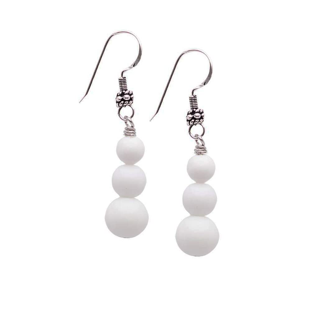 Womens Natural Gemstone Triple Bead and Sterling Silver Dangle Drop Earrings Handmade White Shell