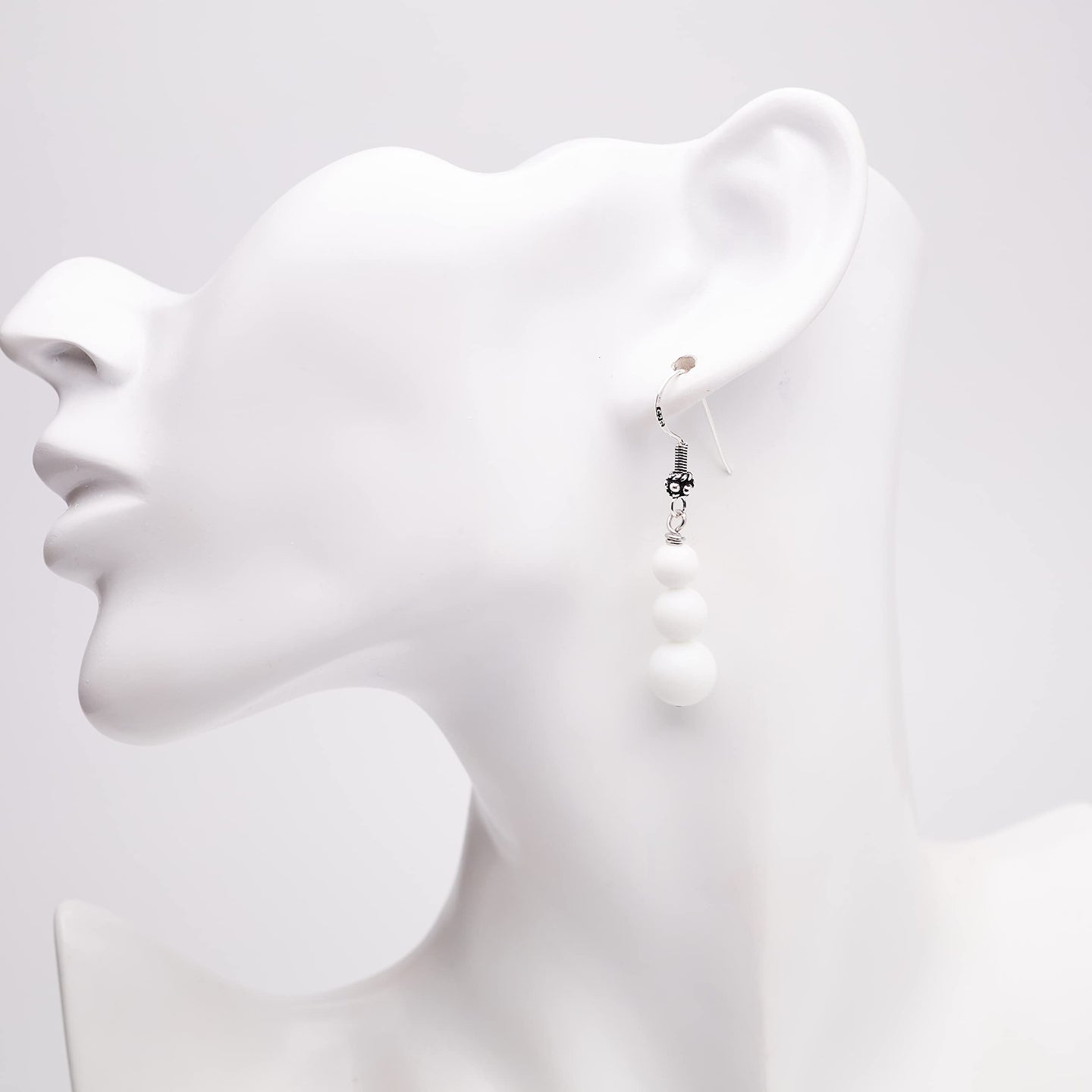 Stunning Womens Natural Gemstone Triple Bead and Sterling Silver Dangle Drop Earrings Handmade White Shell