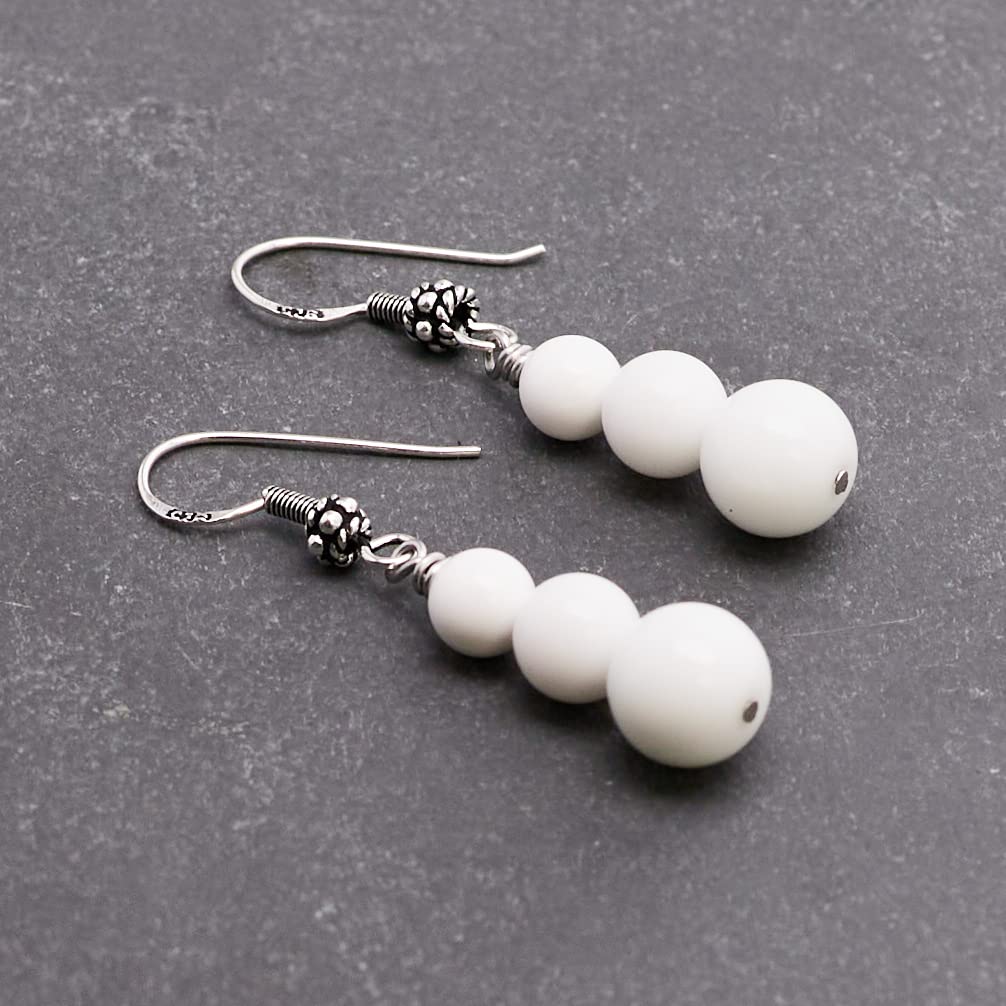 Beautiful Womens Natural Gemstone Triple Bead and Sterling Silver Dangle Drop Earrings Handmade White Shell