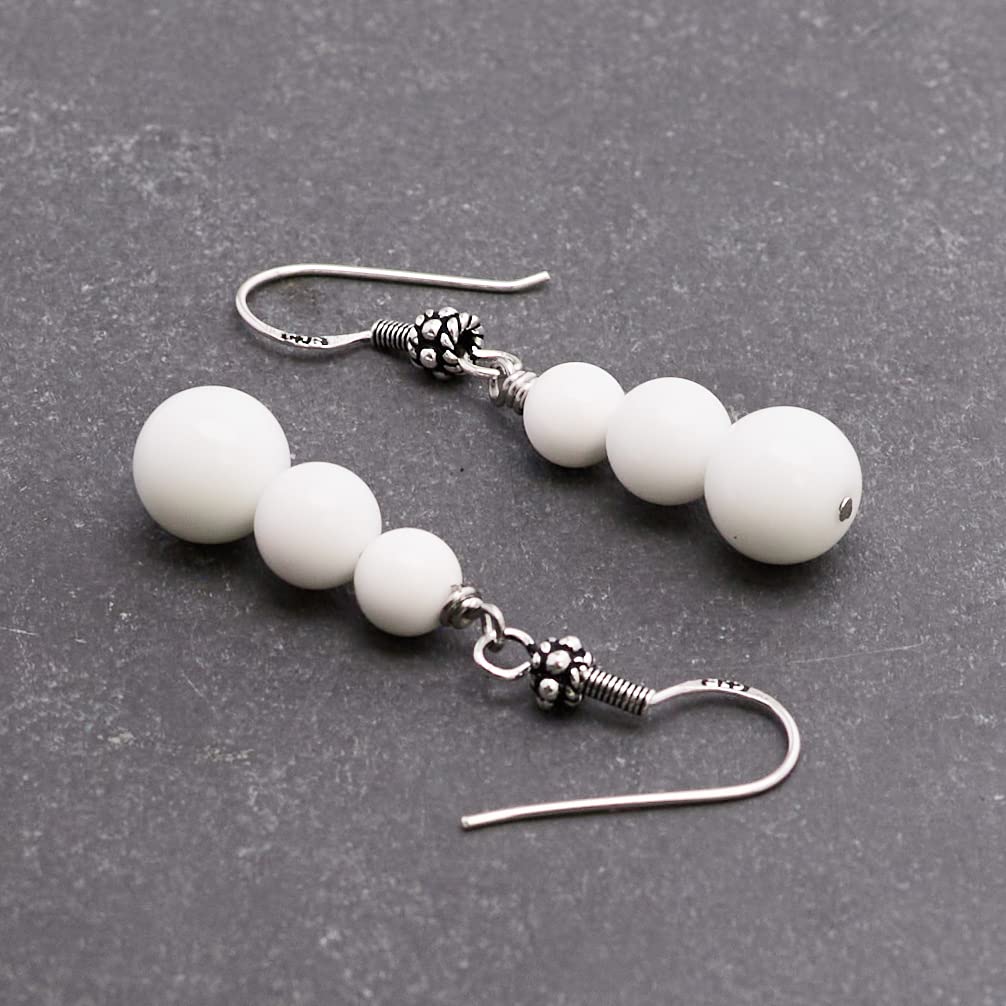 Unique Womens Natural Gemstone Triple Bead and Sterling Silver Dangle Drop Earrings Handmade White Shell