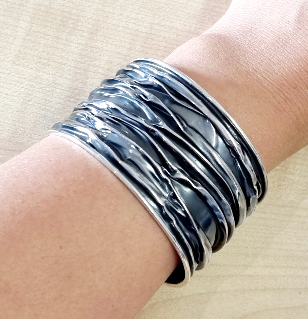 Womens Statement Chunky Large Silver Cuff Bangle 40mm Wide Crushed Design