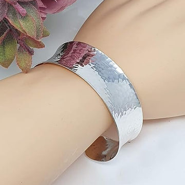 25mm Wide Hammered Silver Cuff Bangle Bracelet for Women