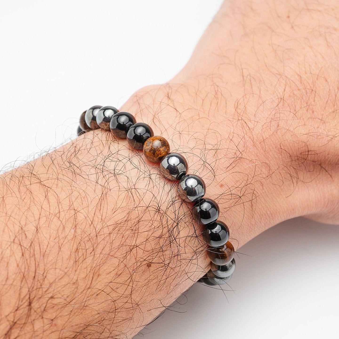 Mens Gemstone Beaded Stretchy Bracelet |  Handmade 8mm Natural Tiger Eyes/ Black Agate/Hematite Stretchy Gemstone Bracelet