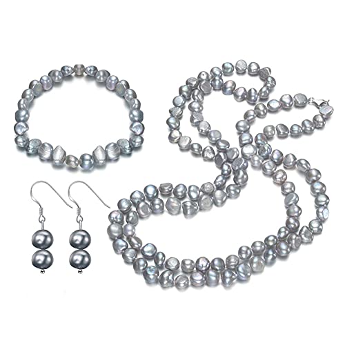 Womens 8-9mm Baroque Pearl Necklace, Bracelet and Earrings Set