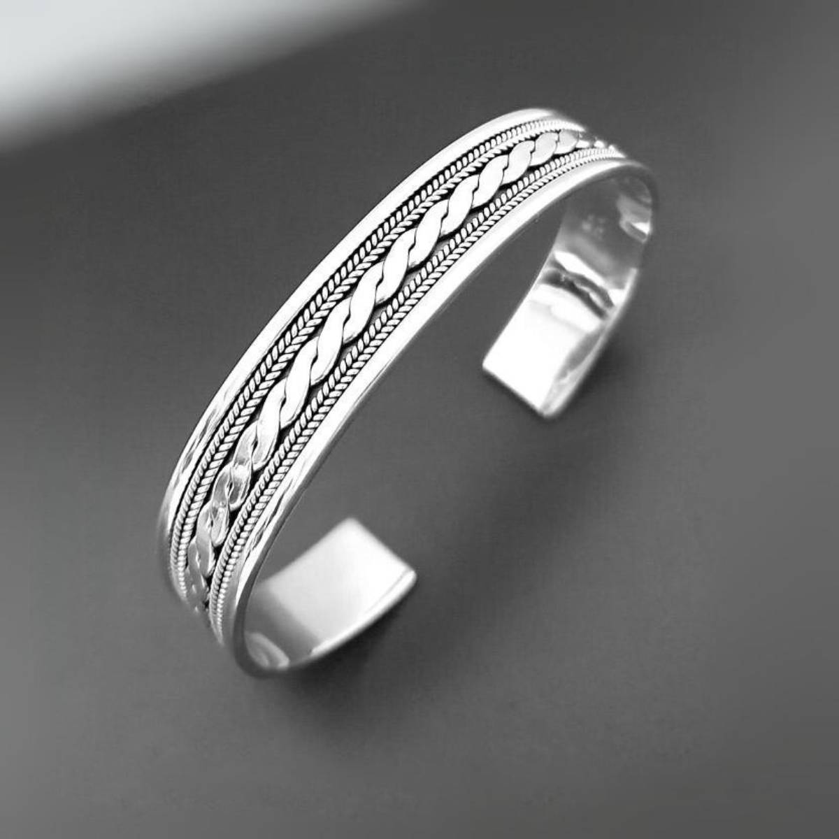 Mens Celtic Style Sterling Silver Plait Bangle | Unique Silver Cuff Bracelet