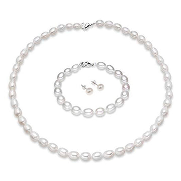 7-8mm Rice Shape Pearl Necklace, Bracelet and Earring Set for Women