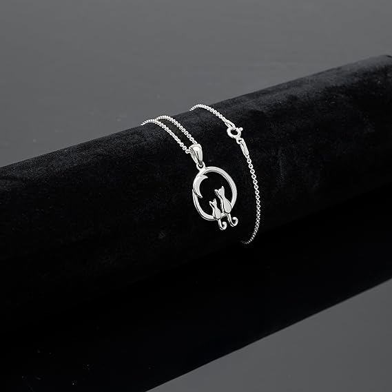 Womens Cats on Moon  925 Sterling Silver Pendant On Chain Necklace