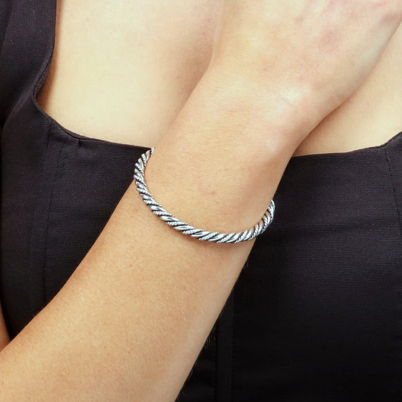 Solid Sterling Silver 925 Twist Slave Bangle Bracelet, 7.5-8 Inches, UK Made
