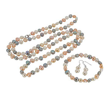 Womens 8-9mm Baroque Pearl Necklace, Bracelet and Earrings Set