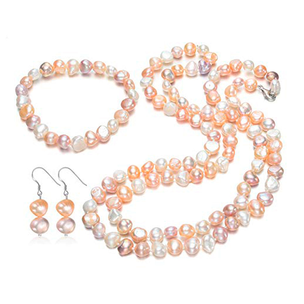 Womens 8-9mm Baroque Pearl Necklace, Bracelet and Earrings Set