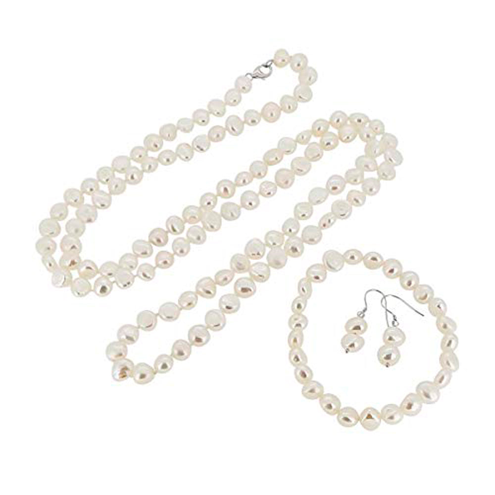 Womens 8-9mm Baroque Pearl Necklace, Bracelet and Earrings Set
