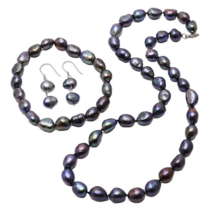 black pearl necklace bracelet and earrings for women