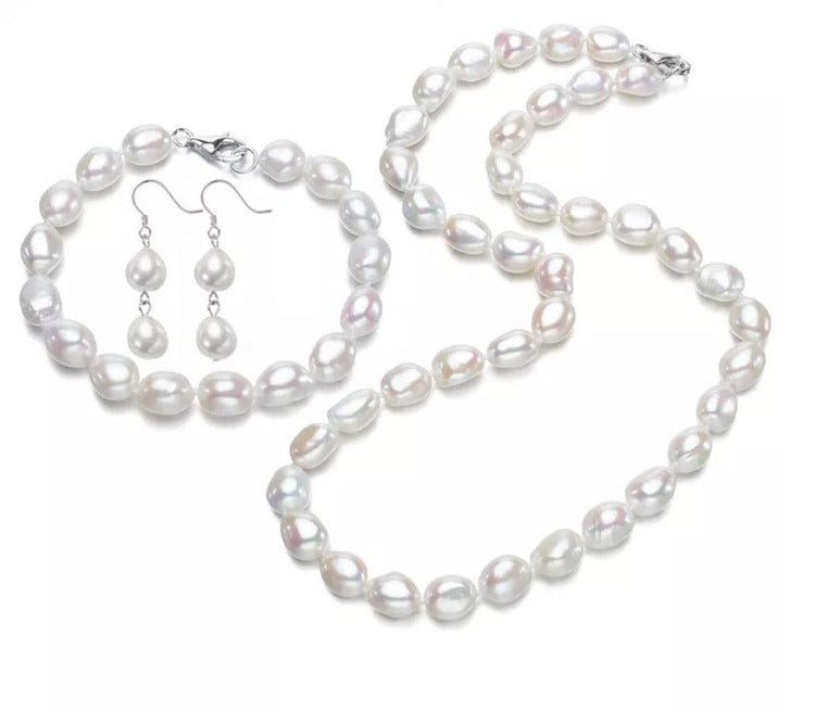 white pearl necklace bracelet and earrings for women