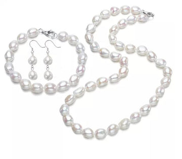 white pearl necklace bracelet and earrings for women
