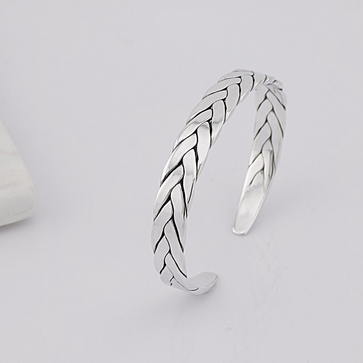 Mens Sleek Braided Silver Cuff Bangle | Unique Polished Silver Bracelet For Men