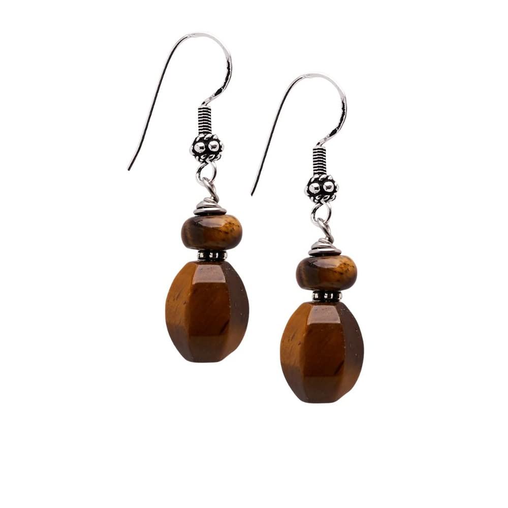 Brown Tigers Eye Womens Handmade Natural Gemstone Sterling Silver Dangle Drop Earrings