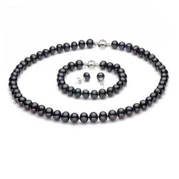 Womens 8-9mm Black Freshwater Pearl Necklace Bracelet Earrings Jewellery Set