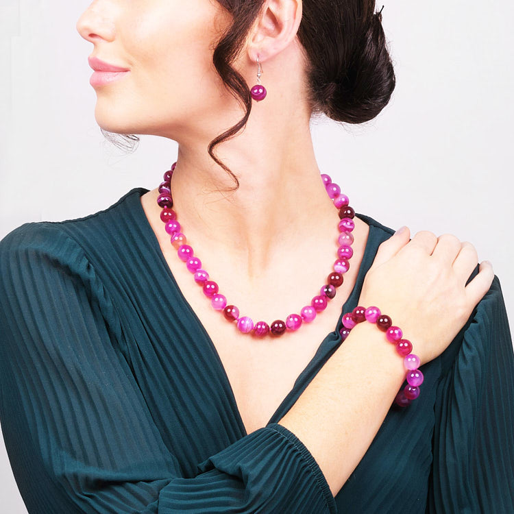 Womens pink Gemstone Necklace, Bracelet and earrings set