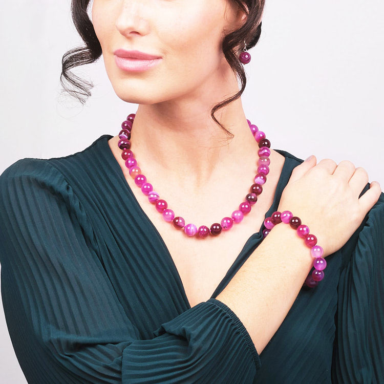 Womens pink Gemstone Necklace, Bracelet and earrings set