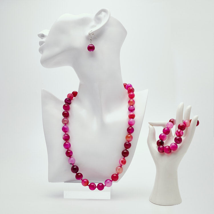 Womens pink Gemstone Necklace, Bracelet and earrings set