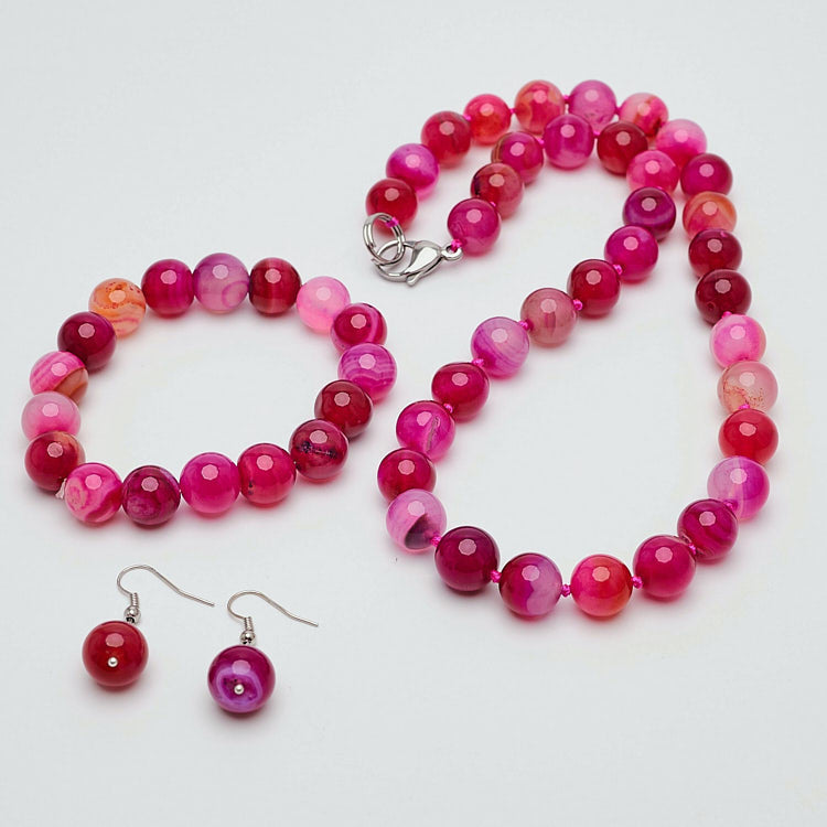 Womens pink Gemstone Necklace, Bracelet and earrings set