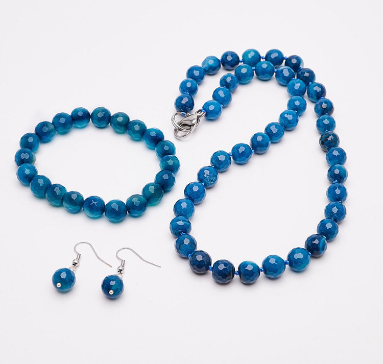Womens blue Gemstone Necklace, Bracelet and earrings set