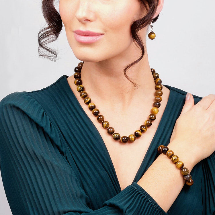 Womens tigers eye Gemstone Necklace, Bracelet and earrings set