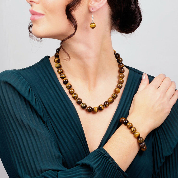Womens tigers eye Gemstone Necklace, Bracelet and earrings set