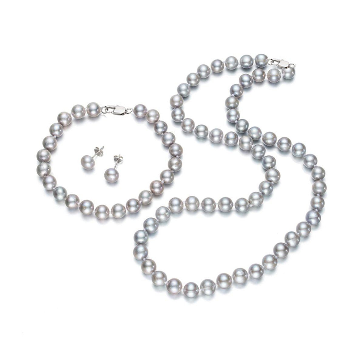 Pearl Jewellery Set, 7mm Grey Pearl Necklace, Bracelet and Earrings for Women