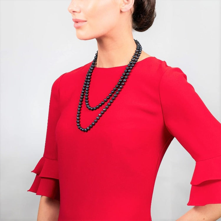 womens long black pearl necklace