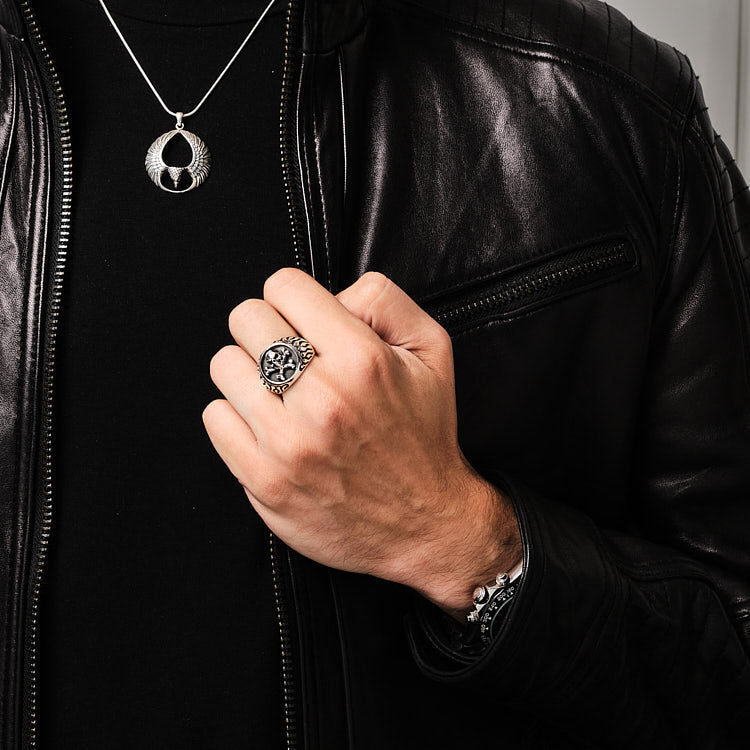Mens Silver skull biker ring 