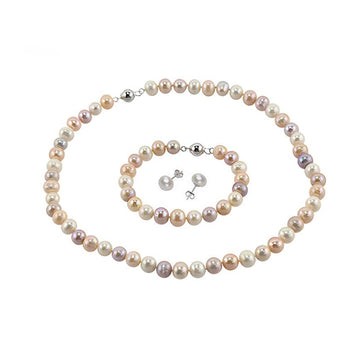 Womens 8-9mm Multicolour Pearl Necklace, Bracelet and Earrings Jewellery Set