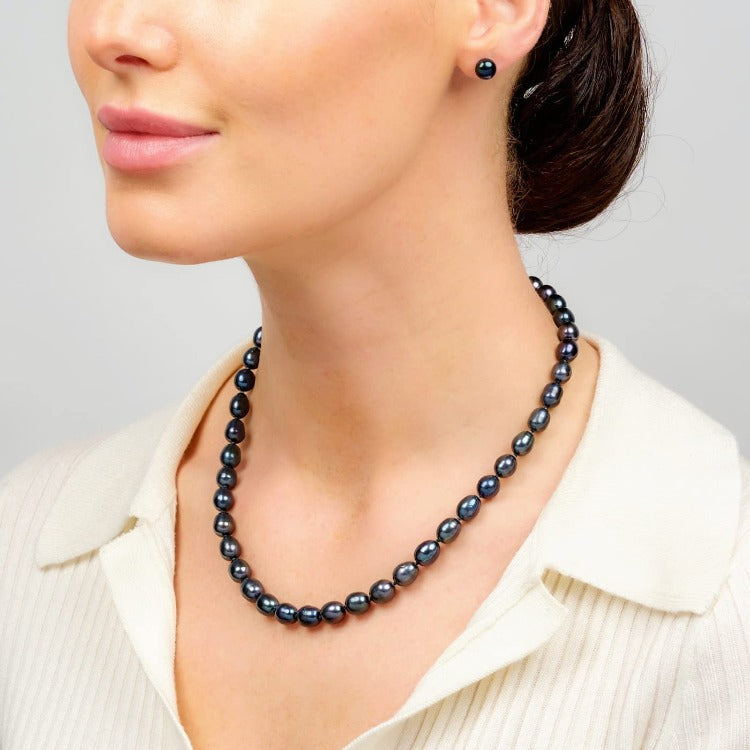 black Pearl Necklace, Bracelet earing set for women