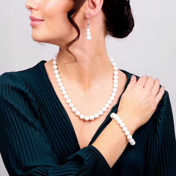 Womens white jade Gemstone Necklace bracelet and earrings set