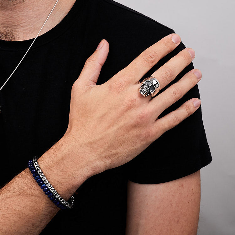 Mens Silver Skull Gothic Biker Ring 