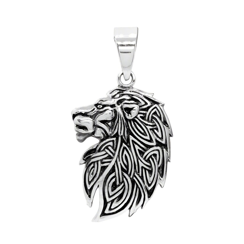 Mens and Womens Silver Pendant - 925 Sterling Silver Celtic Lion King Head Neo Pagan Pendant Necklace