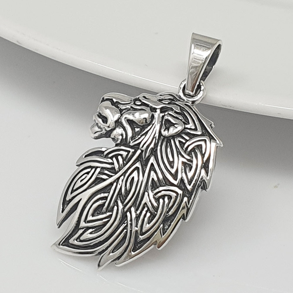 Mens and Womens Silver Pendant - 925 Sterling Silver Celtic Lion King Head Neo Pagan Pendant Necklace