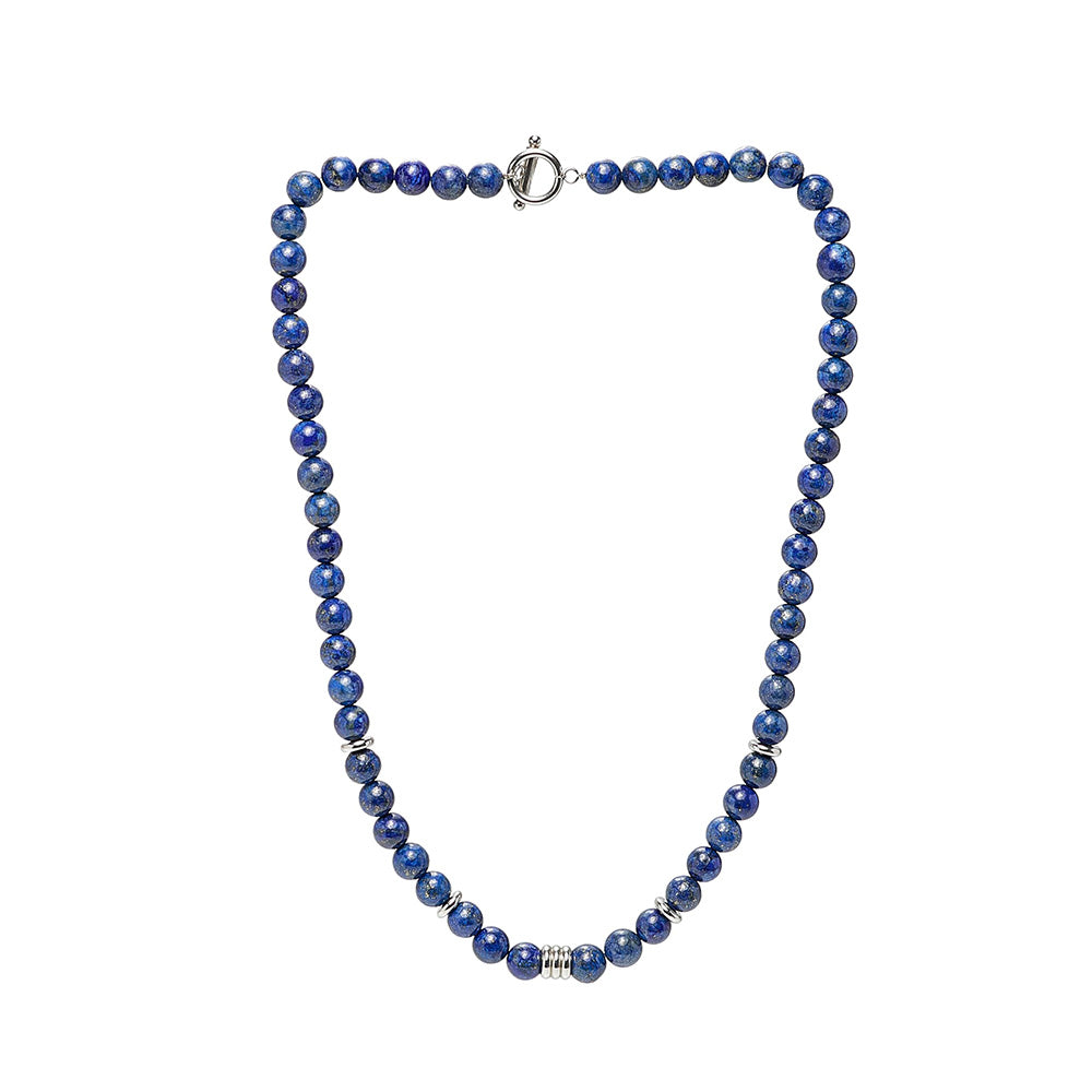 Mens Handmade Gemstone Beaded Chain Necklace with Stainless Steel Beads Contrast