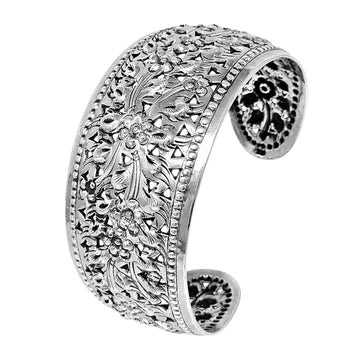 Floral silver cuff bangle for women