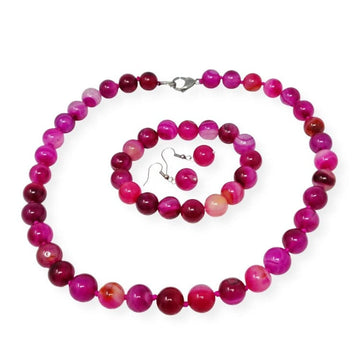 Womens pink Gemstone Necklace, Bracelet and earrings set