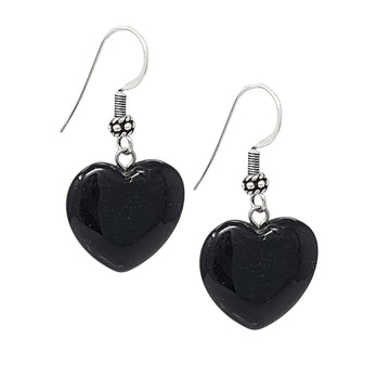Womens Handmade Natural Black Agate Gemstone Heart Shape Sterling Silver Drop Earrings